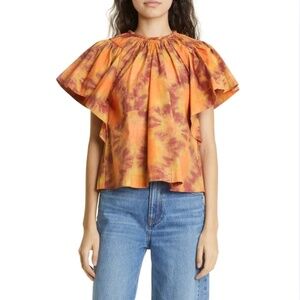 Ulla Johnson Kaya Ruffle-sleeve Tie-dye Poplin Top In Orange / Red Topaz